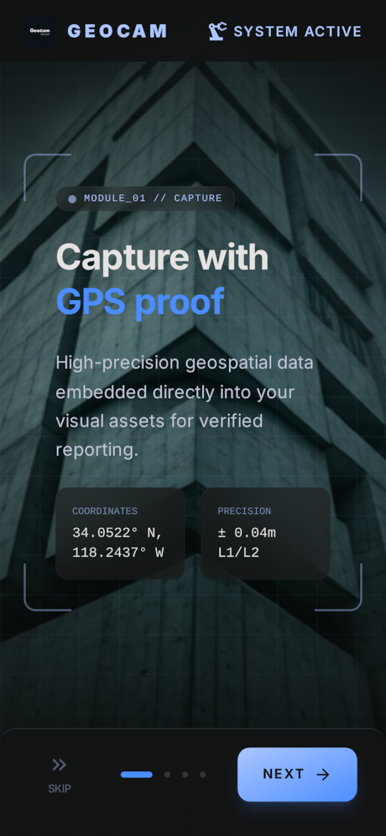 Camera with live banner showing map, address, GPS and time.